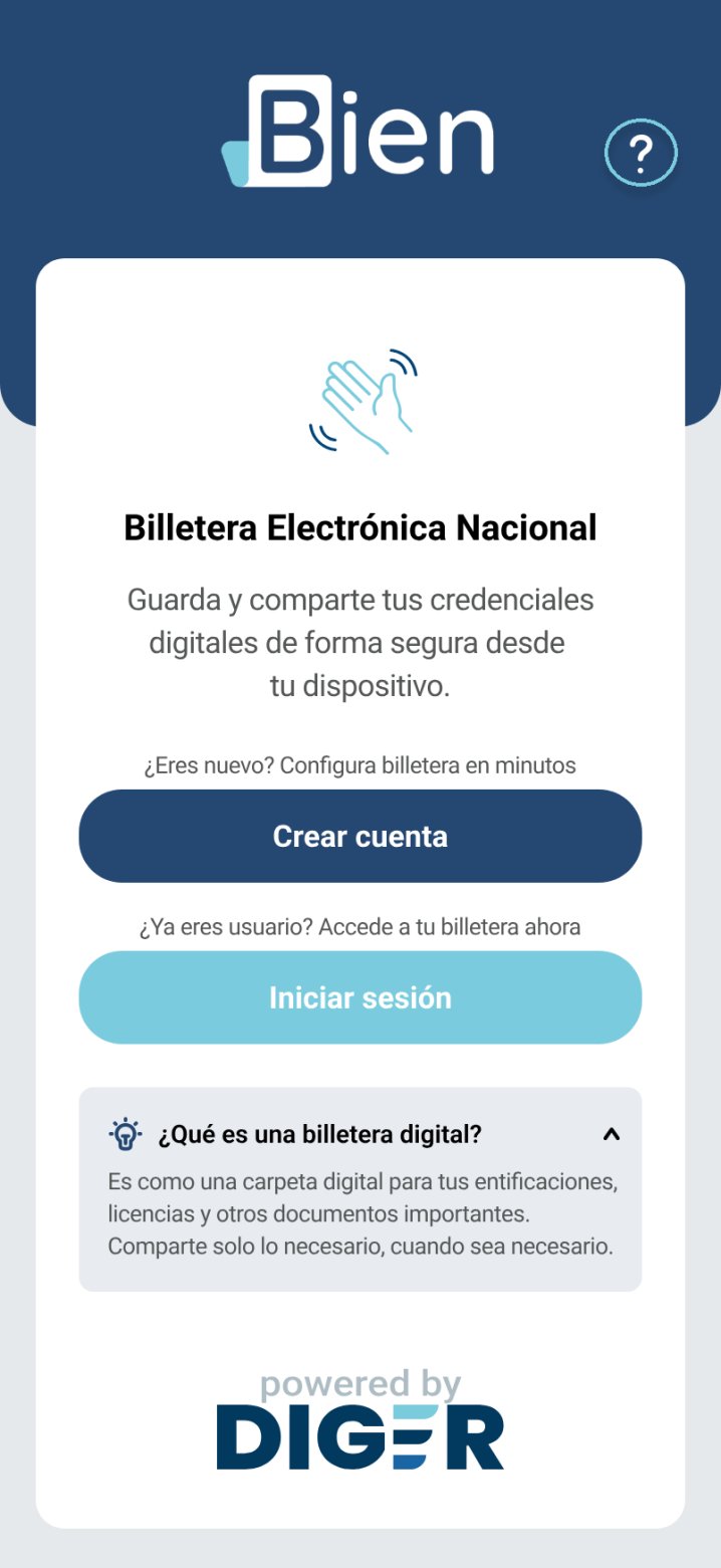 Pantalla de bienvenida de la app BIEN