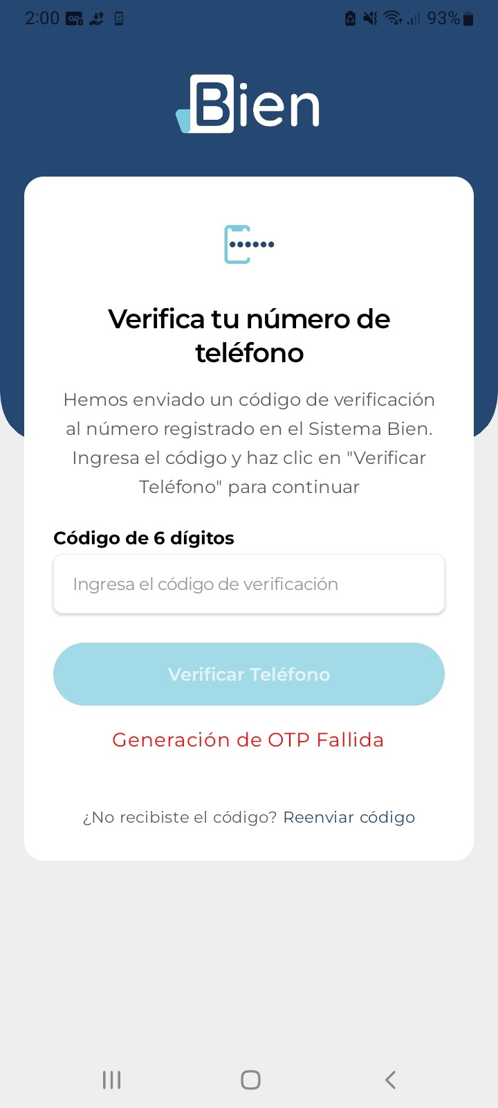 Pantalla de verificación del número de teléfono en la app BIEN